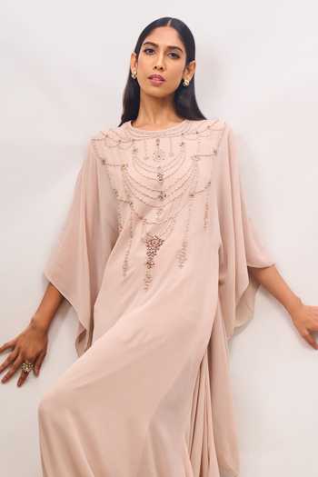 Shop Tarun Tahiliani Beige Round Neck Thread Work Kaftan Online at Aza Fashions Shop_Tarun Tahiliani_Beige Round Neck Thread Work Kaftan _Online_at_Aza_Fashions