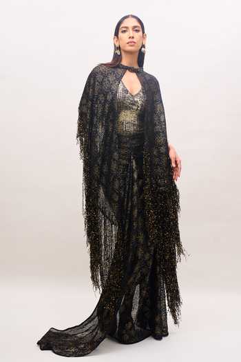 Shop Tarun Tahiliani Black Round Neck, Embroidered Cape Skirt Set Online at Aza Fashions Shop_Tarun Tahiliani_Black Round Neck, Embroidered Cape Skirt Set _Online_at_Aza_Fashions