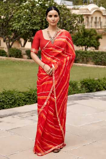 Geroo Jaipur Leheriya Saree With Embroidered Blouse