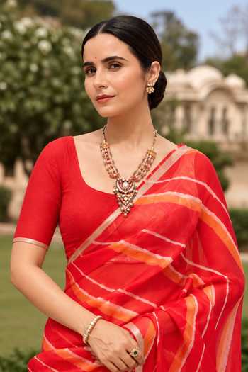 Geroo Jaipur Red Silk Round Neck Leheriya Saree With Embroidered Blouse Online at Aza Fashions Geroo Jaipur_Red Silk Round Neck Leheriya Saree With Embroidered Blouse _Online_at_Aza_Fashions