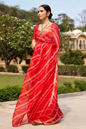 Buy Geroo Jaipur Red Silk Round Neck Leheriya Saree With Embroidered Blouse Online at Aza Fashions Buy_Geroo Jaipur_Red Silk Round Neck Leheriya Saree With Embroidered Blouse _Online_at_Aza_Fashions