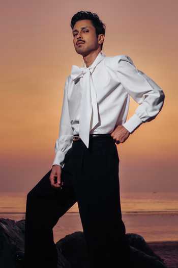 Shop_Nirmooha_Multicolor Suiting Finial Bow Tie Shirt And Pant Set 