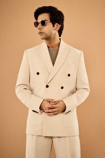 Buy Nirmooha Beige Microfiber Caelum Double Breasted Blazer And Pant Set Buy_Nirmooha_Beige Microfiber Caelum Double Breasted Blazer And Pant Set