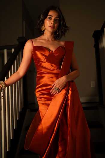 Nirmooha Terracotta Rust Taffeta Saree Gown 