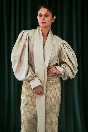 Nirmooha Catena Taffeta Knotted Shirt & Skirt Set 