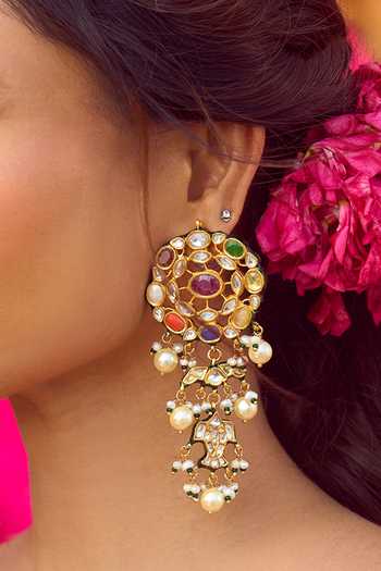 Shop Vivinia By Vidhi Mehra Gold Plated Pearls, Piping, Gota Saadgi Kundan Polki Embellished Drop Earrings Online at Aza Fashions Shop_Vivinia By Vidhi Mehra_Gold Plated Pearls, Piping, Gota Saadgi Kundan Polki Embellished Drop Earrings _Online_at_Aza_Fashions