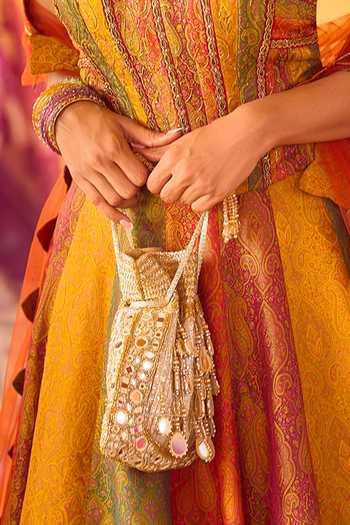 Nayaab By Sonia Mirror Bead Pearl Silk Potli Bag With Chain