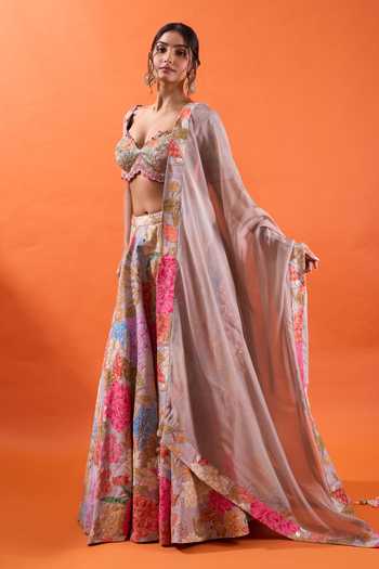 Azeera Multicolor Crepe Sweetheart Neck Hand Embroidered And Printed Lehenga Set Online at Aza Fashions Azeera_Multicolor Crepe Sweetheart Neck Hand Embroidered And Printed Lehenga Set _Online_at_Aza_Fashions