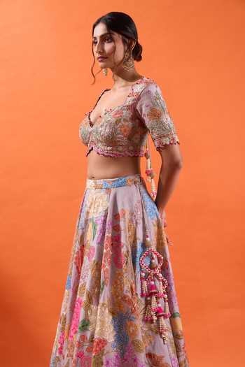 Buy Azeera Multicolor Crepe Sweetheart Neck Hand Embroidered And Printed Lehenga Set Online at Aza Fashions Buy_Azeera_Multicolor Crepe Sweetheart Neck Hand Embroidered And Printed Lehenga Set _Online_at_Aza_Fashions