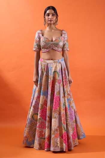 Shop Azeera Multicolor Crepe Sweetheart Neck Hand Embroidered And Printed Lehenga Set Online at Aza Fashions Shop_Azeera_Multicolor Crepe Sweetheart Neck Hand Embroidered And Printed Lehenga Set _Online_at_Aza_Fashions