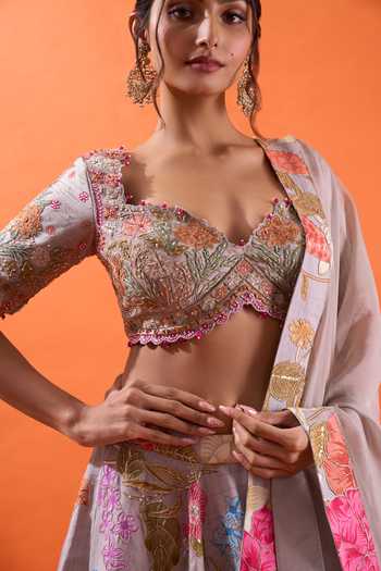 Azeera Multicolor Crepe Sweetheart Neck Hand Embroidered And Printed Lehenga Set at Aza Fashions Azeera_Multicolor Crepe Sweetheart Neck Hand Embroidered And Printed Lehenga Set _at_Aza_Fashions
