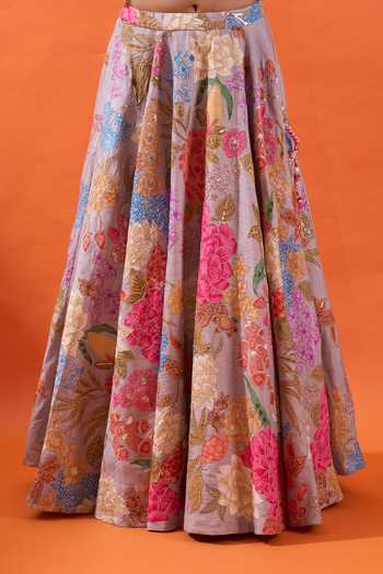 Buy Azeera Multicolor Crepe Sweetheart Neck Hand Embroidered And Printed Lehenga Set Buy_Azeera_Multicolor Crepe Sweetheart Neck Hand Embroidered And Printed Lehenga Set