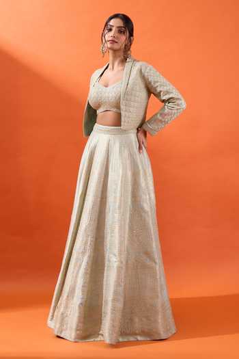 Azeera Beige Brocade Sweetheart Neck Hand Embroidered Cape And Lehenga Set Online at Aza Fashions Azeera_Beige Brocade Sweetheart Neck Hand Embroidered Cape And Lehenga Set _Online_at_Aza_Fashions