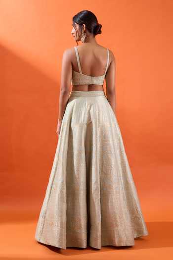 Shop Azeera Beige Brocade Sweetheart Neck Hand Embroidered Cape And Lehenga Set Online at Aza Fashions Shop_Azeera_Beige Brocade Sweetheart Neck Hand Embroidered Cape And Lehenga Set _Online_at_Aza_Fashions