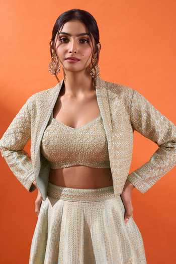 Azeera Beige Brocade Sweetheart Neck Hand Embroidered Cape And Lehenga Set at Aza Fashions Azeera_Beige Brocade Sweetheart Neck Hand Embroidered Cape And Lehenga Set _at_Aza_Fashions