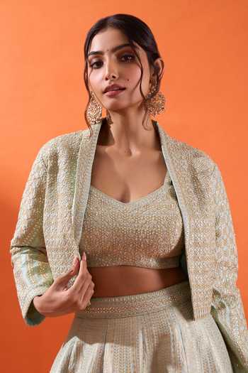 Buy Azeera Beige Brocade Sweetheart Neck Hand Embroidered Cape And Lehenga Set Buy_Azeera_Beige Brocade Sweetheart Neck Hand Embroidered Cape And Lehenga Set