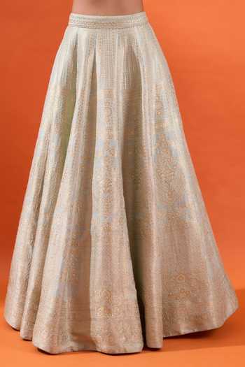 Shop Azeera Beige Brocade Sweetheart Neck Hand Embroidered Cape And Lehenga Set Shop_Azeera_Beige Brocade Sweetheart Neck Hand Embroidered Cape And Lehenga Set