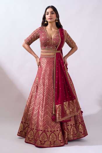 Azeera Pink Brocade V-neck Hand Embroidered Blouse Lehenga Set Online at Aza Fashions Azeera_Pink Brocade V-neck Hand Embroidered Blouse Lehenga Set _Online_at_Aza_Fashions
