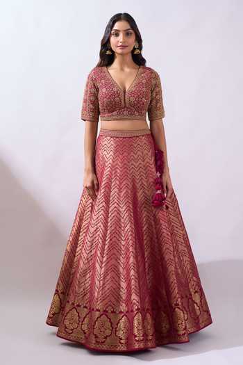 Buy Azeera Pink Brocade V-neck Hand Embroidered Blouse Lehenga Set Online at Aza Fashions Buy_Azeera_Pink Brocade V-neck Hand Embroidered Blouse Lehenga Set _Online_at_Aza_Fashions