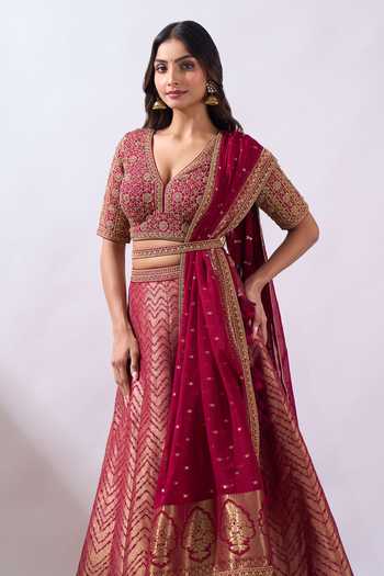 Shop Azeera Pink Brocade V-neck Hand Embroidered Blouse Lehenga Set Online at Aza Fashions Shop_Azeera_Pink Brocade V-neck Hand Embroidered Blouse Lehenga Set _Online_at_Aza_Fashions