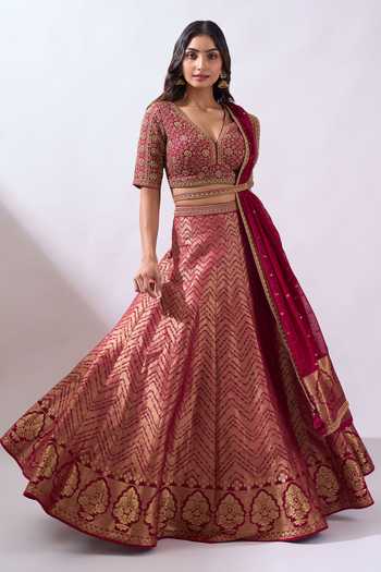 Azeera Pink Brocade V-neck Hand Embroidered Blouse Lehenga Set at Aza Fashions Azeera_Pink Brocade V-neck Hand Embroidered Blouse Lehenga Set _at_Aza_Fashions