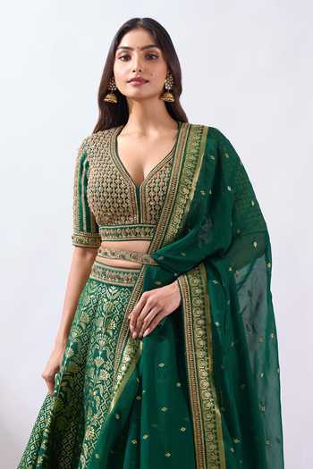 Azeera Green Brocade V-neck Woven Hand Embroidered Lehenga Set Online at Aza Fashions Azeera_Green Brocade V-neck Woven Hand Embroidered Lehenga Set _Online_at_Aza_Fashions