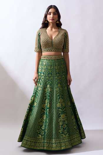 Buy Azeera Green Brocade V-neck Woven Hand Embroidered Lehenga Set Online at Aza Fashions Buy_Azeera_Green Brocade V-neck Woven Hand Embroidered Lehenga Set _Online_at_Aza_Fashions