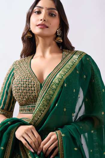 Shop Azeera Green Brocade V-neck Woven Hand Embroidered Lehenga Set Online at Aza Fashions Shop_Azeera_Green Brocade V-neck Woven Hand Embroidered Lehenga Set _Online_at_Aza_Fashions
