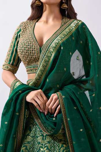 Azeera Green Brocade V-neck Woven Hand Embroidered Lehenga Set at Aza Fashions Azeera_Green Brocade V-neck Woven Hand Embroidered Lehenga Set _at_Aza_Fashions