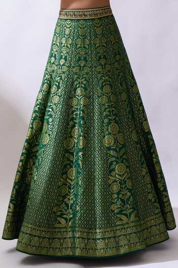 Buy Azeera Green Brocade V-neck Woven Hand Embroidered Lehenga Set Buy_Azeera_Green Brocade V-neck Woven Hand Embroidered Lehenga Set