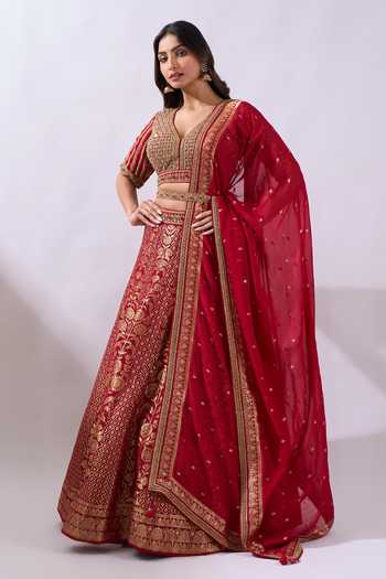 Azeera Red Brocade V-neck Woven And Hand Embroidered Lehenga Set Online at Aza Fashions Azeera_Red Brocade V-neck Woven And Hand Embroidered Lehenga Set _Online_at_Aza_Fashions