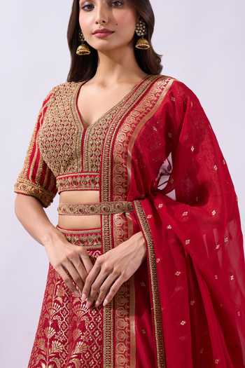 Buy Azeera Red Brocade V-neck Woven And Hand Embroidered Lehenga Set Online at Aza Fashions Buy_Azeera_Red Brocade V-neck Woven And Hand Embroidered Lehenga Set _Online_at_Aza_Fashions