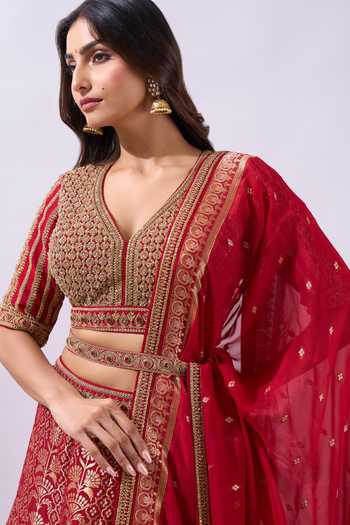 Shop Azeera Red Brocade V-neck Woven And Hand Embroidered Lehenga Set Online at Aza Fashions Shop_Azeera_Red Brocade V-neck Woven And Hand Embroidered Lehenga Set _Online_at_Aza_Fashions