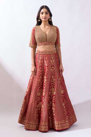 Azeera Red Brocade V-neck Woven And Hand Embroidered Lehenga Set at Aza Fashions Azeera_Red Brocade V-neck Woven And Hand Embroidered Lehenga Set _at_Aza_Fashions