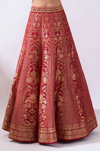Buy Azeera Red Brocade V-neck Woven And Hand Embroidered Lehenga Set Buy_Azeera_Red Brocade V-neck Woven And Hand Embroidered Lehenga Set