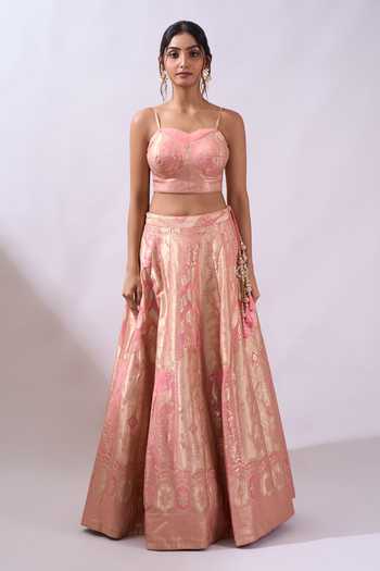 Azeera Pink Sweetheart , Collared Brocade Lehenga Set With Embroidered Jacket Online at Aza Fashions Azeera_Pink Sweetheart , Collared Brocade Lehenga Set With Embroidered Jacket _Online_at_Aza_Fashions