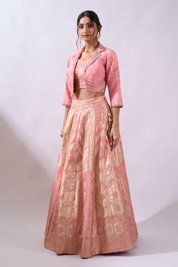 Buy Azeera Pink Sweetheart , Collared Brocade Lehenga Set With Embroidered Jacket Online at Aza Fashions Buy_Azeera_Pink Sweetheart , Collared Brocade Lehenga Set With Embroidered Jacket _Online_at_Aza_Fashions