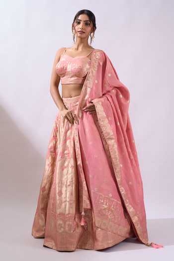 Shop Azeera Pink Sweetheart , Collared Brocade Lehenga Set With Embroidered Jacket Online at Aza Fashions Shop_Azeera_Pink Sweetheart , Collared Brocade Lehenga Set With Embroidered Jacket _Online_at_Aza_Fashions