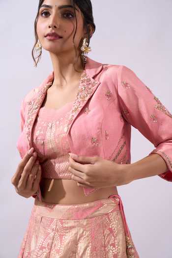 Buy Azeera Pink Sweetheart , Collared Brocade Lehenga Set With Embroidered Jacket Buy_Azeera_Pink Sweetheart , Collared Brocade Lehenga Set With Embroidered Jacket
