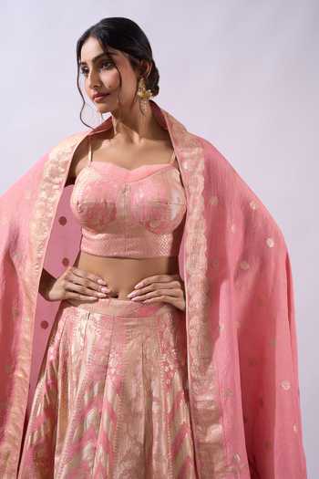 Shop Azeera Pink Sweetheart , Collared Brocade Lehenga Set With Embroidered Jacket Shop_Azeera_Pink Sweetheart , Collared Brocade Lehenga Set With Embroidered Jacket