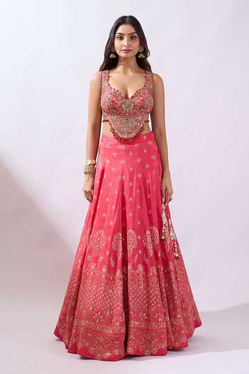 Azeera Coral Brocade Sweetheart Neck Hand Embroidered Blouse Lehenga Set Online at Aza Fashions Azeera_Coral Brocade Sweetheart Neck Hand Embroidered Blouse Lehenga Set _Online_at_Aza_Fashions