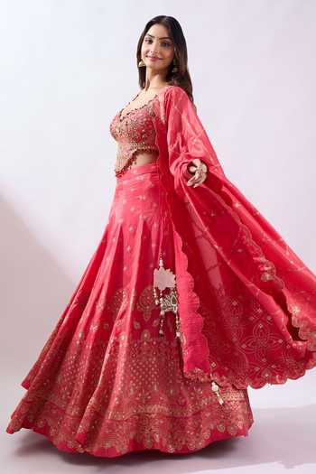 Buy Azeera Coral Brocade Sweetheart Neck Hand Embroidered Blouse Lehenga Set Online at Aza Fashions Buy_Azeera_Coral Brocade Sweetheart Neck Hand Embroidered Blouse Lehenga Set _Online_at_Aza_Fashions