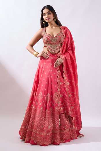 Shop Azeera Coral Brocade Sweetheart Neck Hand Embroidered Blouse Lehenga Set Online at Aza Fashions Shop_Azeera_Coral Brocade Sweetheart Neck Hand Embroidered Blouse Lehenga Set _Online_at_Aza_Fashions