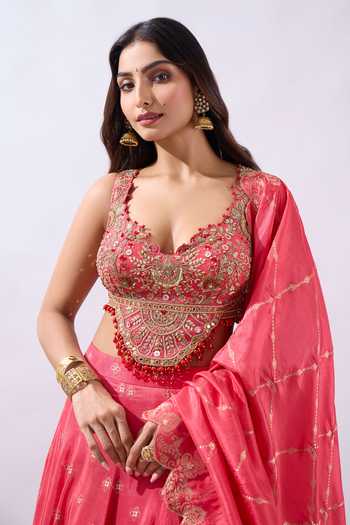 Azeera Coral Brocade Sweetheart Neck Hand Embroidered Blouse Lehenga Set at Aza Fashions Azeera_Coral Brocade Sweetheart Neck Hand Embroidered Blouse Lehenga Set _at_Aza_Fashions