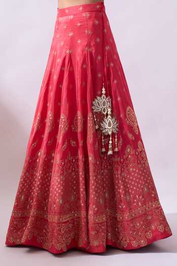 Buy Azeera Coral Brocade Sweetheart Neck Hand Embroidered Blouse Lehenga Set Buy_Azeera_Coral Brocade Sweetheart Neck Hand Embroidered Blouse Lehenga Set