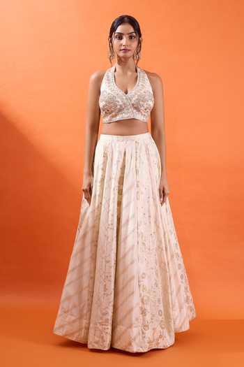 Shop Azeera Off White Brocade V-neck Floral Woven Lehenga Set Online at Aza Fashions Shop_Azeera_Off White Brocade V-neck Floral Woven Lehenga Set _Online_at_Aza_Fashions