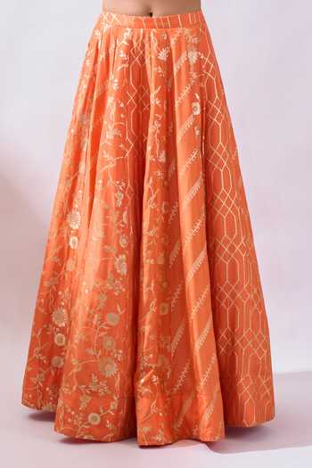 Shop Azeera Orange Brocade Sweetheart Neck Woven Lehenga Set Online at Aza Fashions Shop_Azeera_Orange Brocade Sweetheart Neck Woven Lehenga Set _Online_at_Aza_Fashions