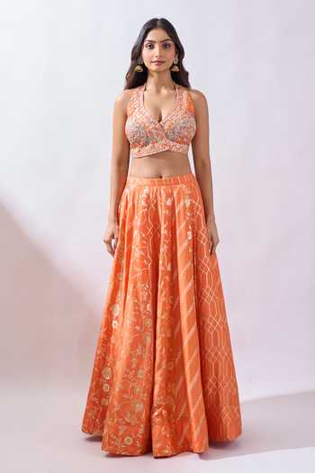 Azeera Orange Brocade Sweetheart Neck Woven Lehenga Set at Aza Fashions Azeera_Orange Brocade Sweetheart Neck Woven Lehenga Set _at_Aza_Fashions