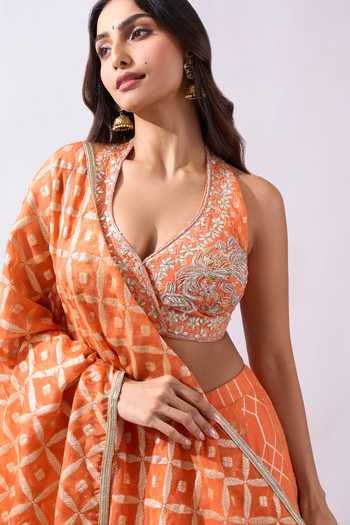 Buy Azeera Orange Brocade Sweetheart Neck Woven Lehenga Set Buy_Azeera_Orange Brocade Sweetheart Neck Woven Lehenga Set