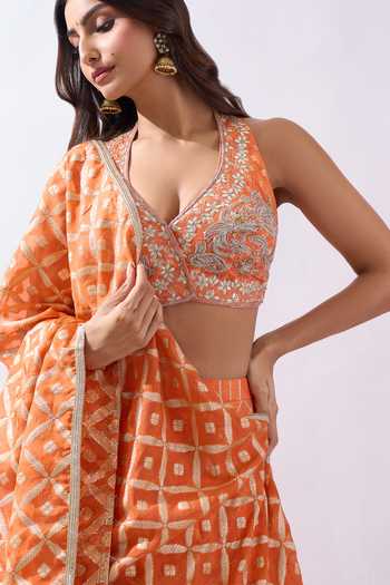 Shop Azeera Orange Brocade Sweetheart Neck Woven Lehenga Set Shop_Azeera_Orange Brocade Sweetheart Neck Woven Lehenga Set